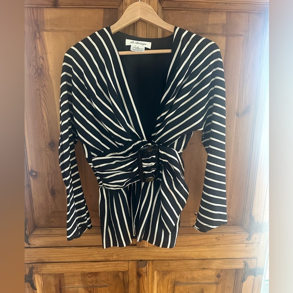 Vintage La Bottega Black and White Striped 100% Silk Blouse with Belt